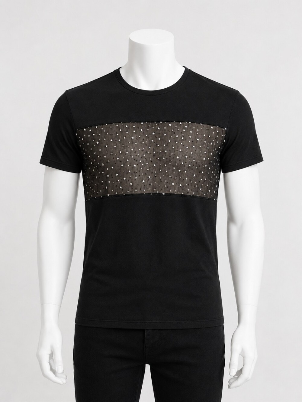ORTTU | Star Mesh Panel Crew Neck T-Shirt in Black ~ Size Large